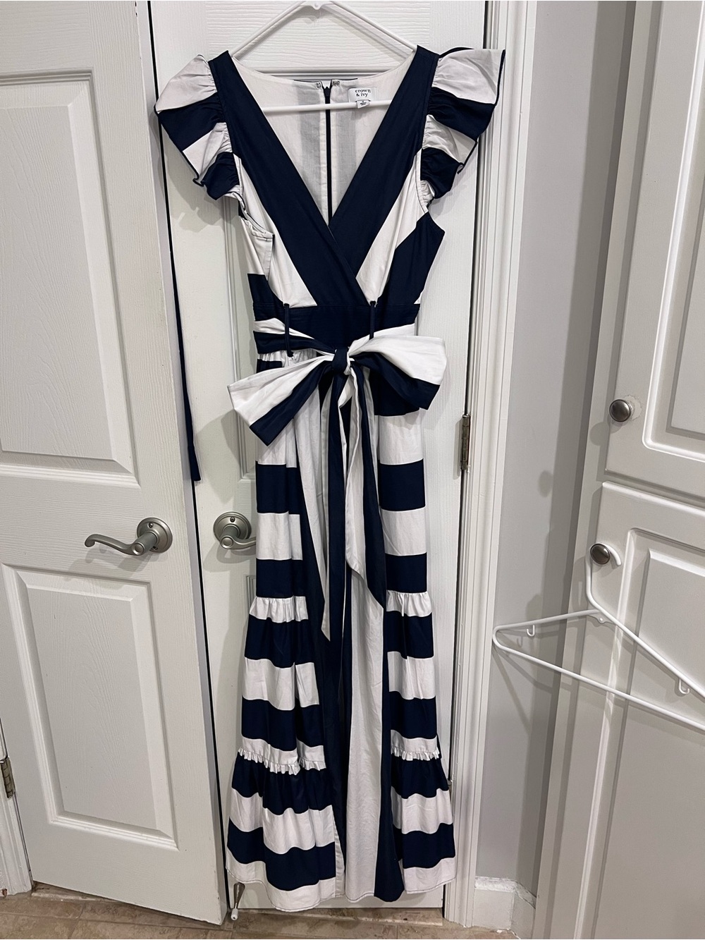 crown & ivy Navy and White Striped dress with Tie Waist